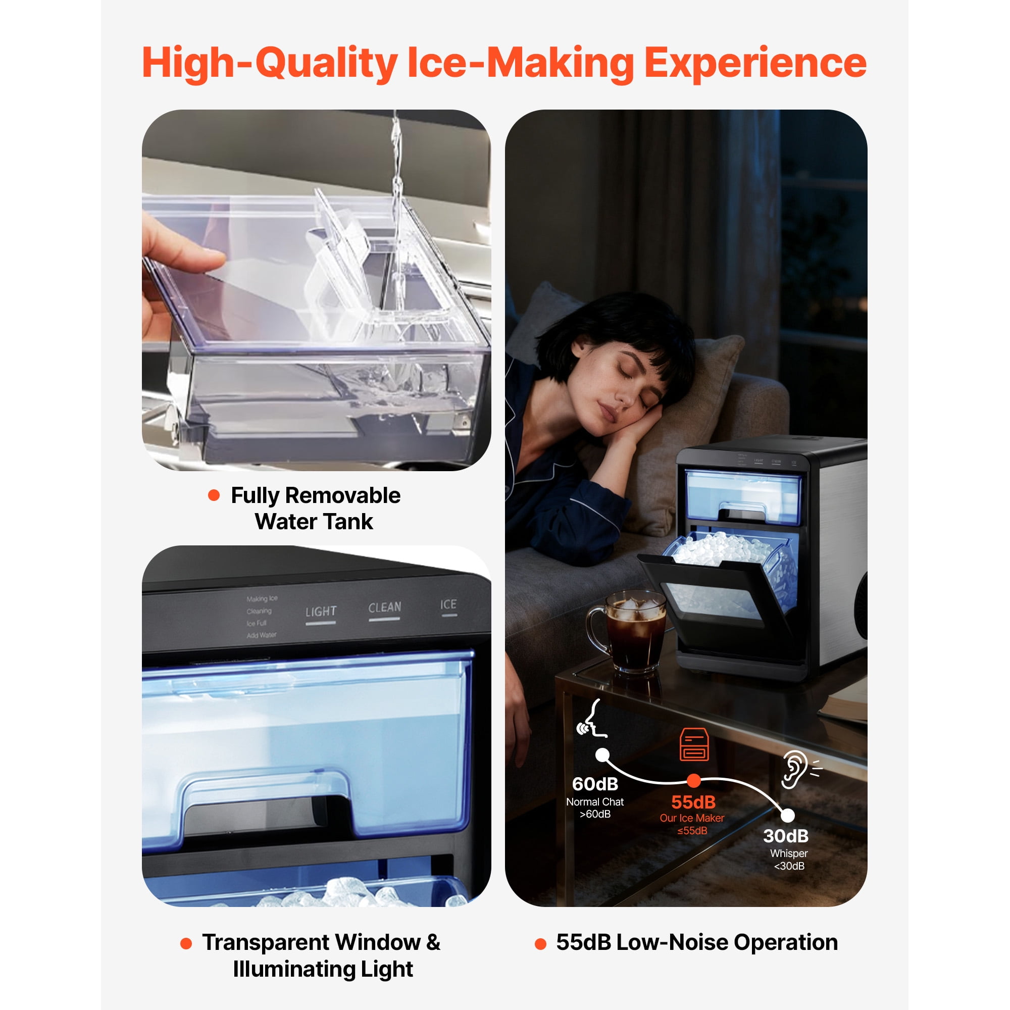 KFFKFF Countertop Ice Maker, 44 lbs Daily Capacity, Self-Cleaning Portable Machine with Scoop, Drawer-Style Access, Nugget Ice Maker for Home, Kitchen, Office, Bar & Gatherings