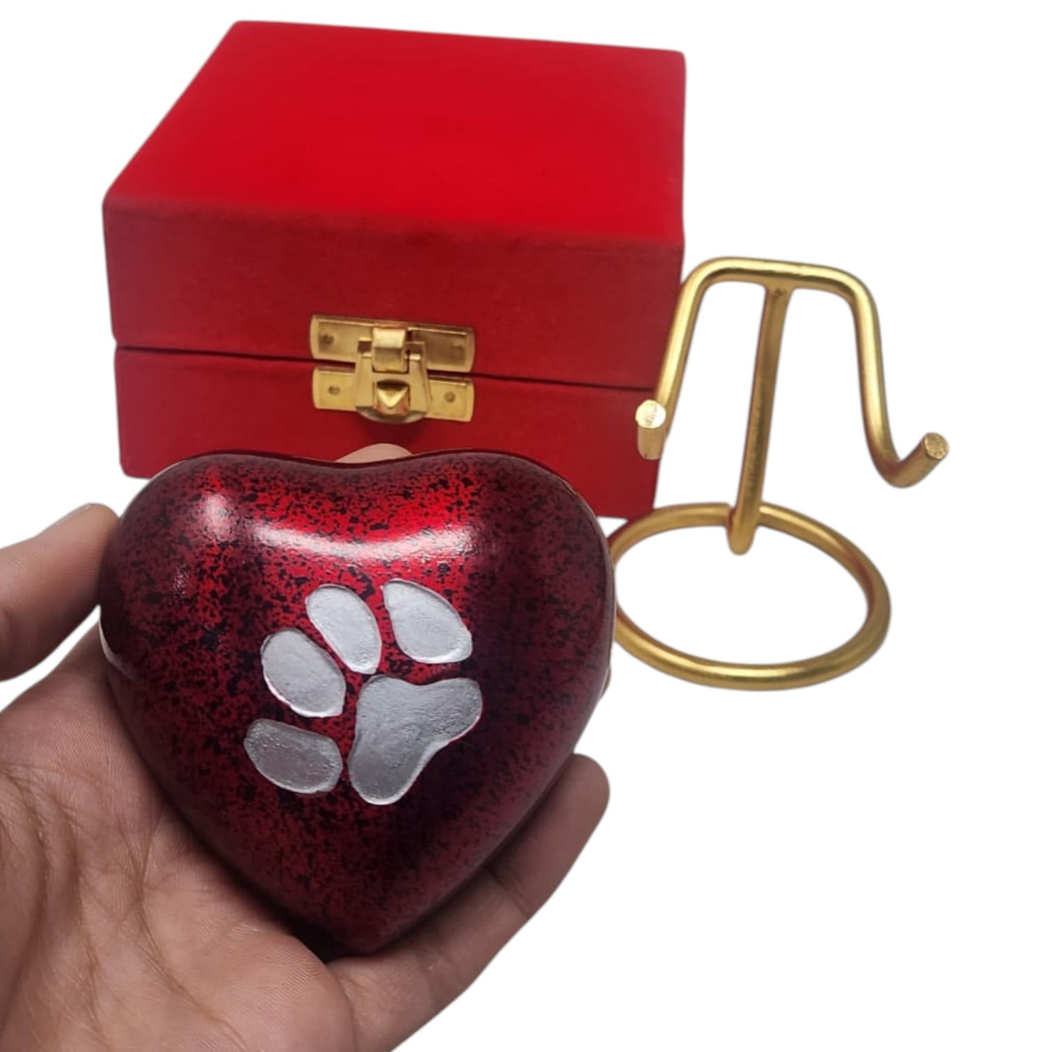 SMIURNS Crimson Red Speckled Heart Pet Cremation Urn - Small Keepsake Urn for Dog or Cat Ashes with Silver Paw Print - Includes Red Velvet Case and Display Stand