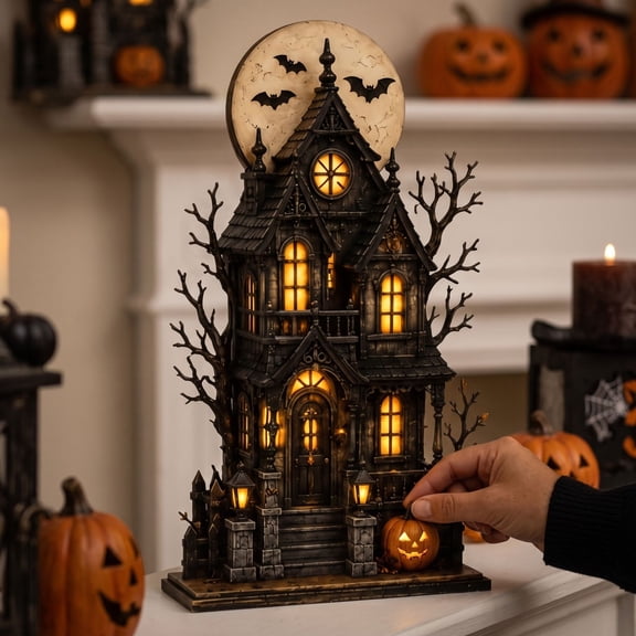 ShaoXinWan Halloween Ghost Pumpkin House Wooden Tabletop Ornament, 2D Spliceable Decor Sign, Festive Accent for Dining Table Cabinet Bookshelf Decor
