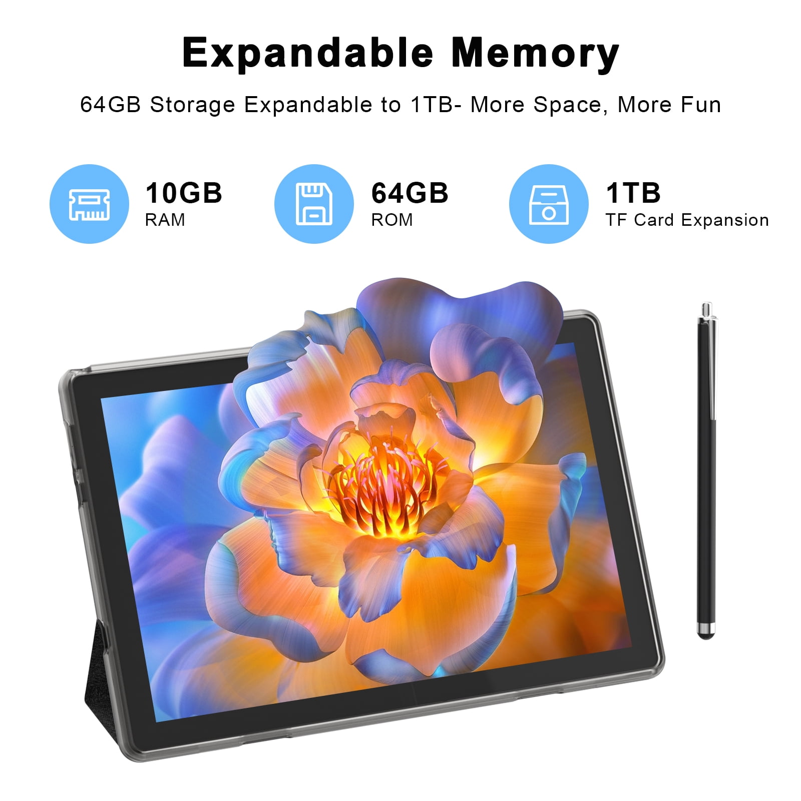 Peicheng 10" Android 15 Tablet, 10(4+6Expand)GB RAM+64GB ROM Tablet Kit with Protective Case/Stylus, 2+8MP Dual Camera, 6000mAh Battery (1set, Black)