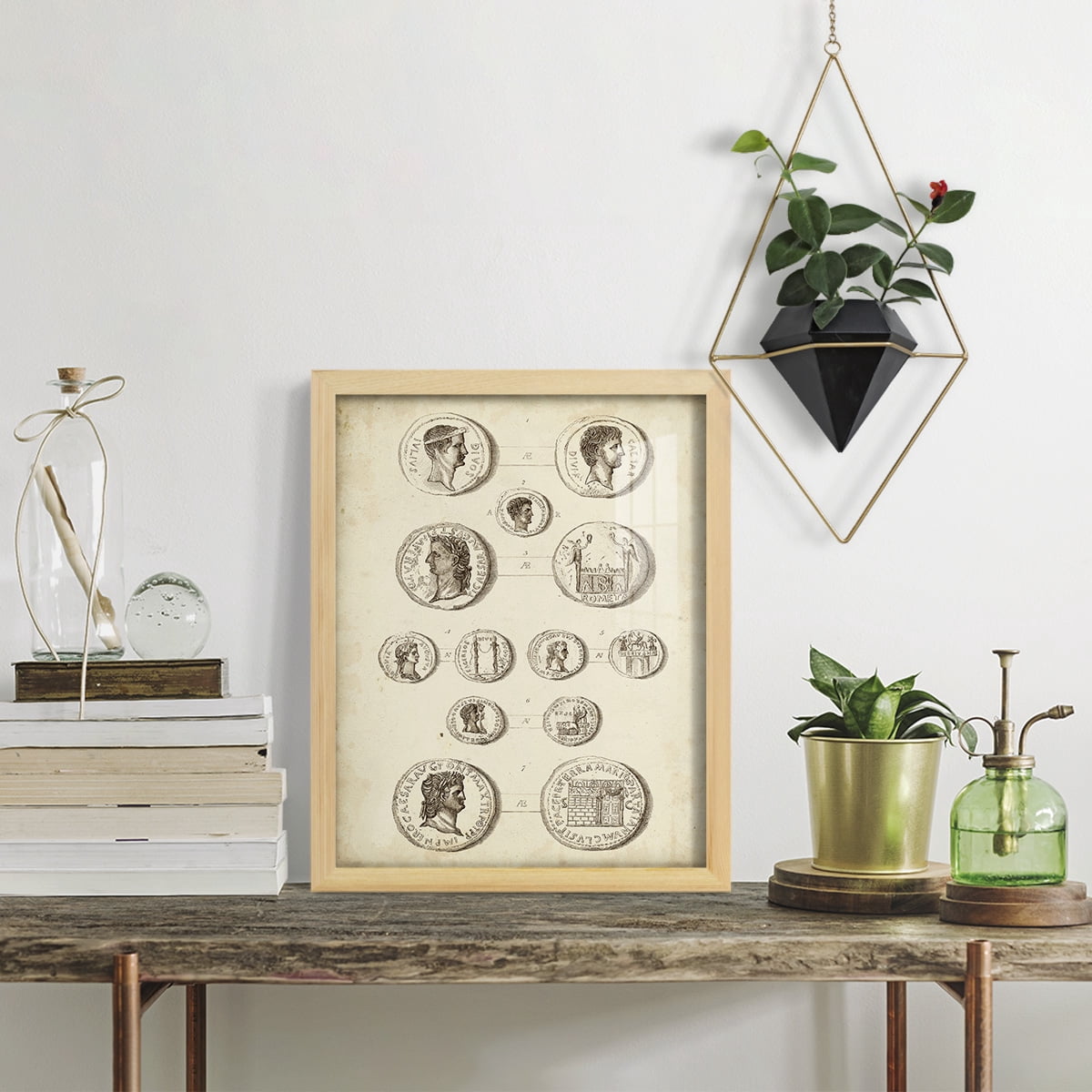 Antique Roman Coins I -Framed Print w/glass-Natural Wood