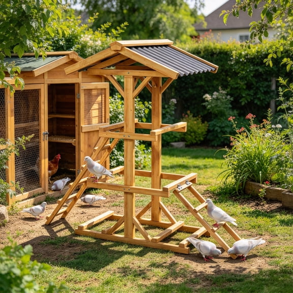 Outdoor Wooden Bird Perch Chicken Play Stand with 2 Ladders and Weatherproof Roof, Natural