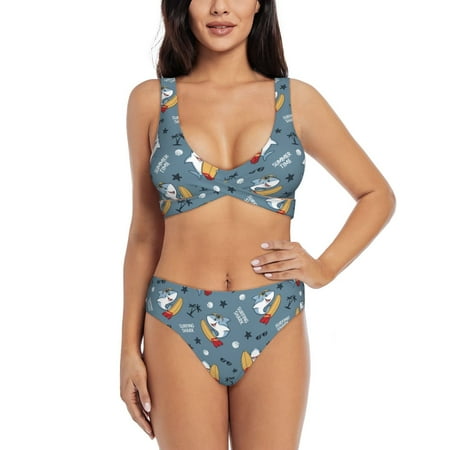 Zeuib Surf Shark High Waisted Tummy Control Bikini Set - Knot Front Push Up Top & Cheeky Thong Bottom  Two-Piece Swimsuit for Women-Small