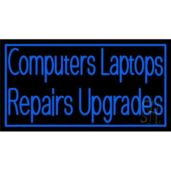 Blue Computers Laptops Repairs Upgrades With Border LED Neon Sign 13 x 24 - inches, Clear Edge Cut Acrylic Backing, with Dimmer - Bright and Premium built indoor Neon Sign for storefront.