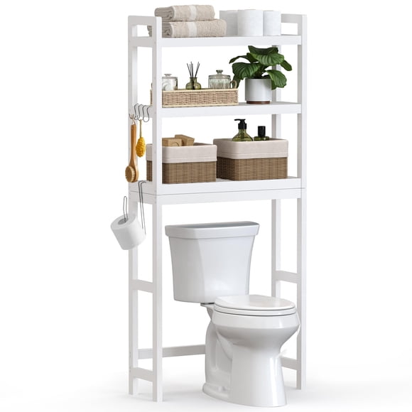 Organizador de baño SONGMICS Sobre Bamboo Inodoro 3 Niveles with Porta Papel and Ganchos Ajustable Estante for Inodoro White MBTS01WT