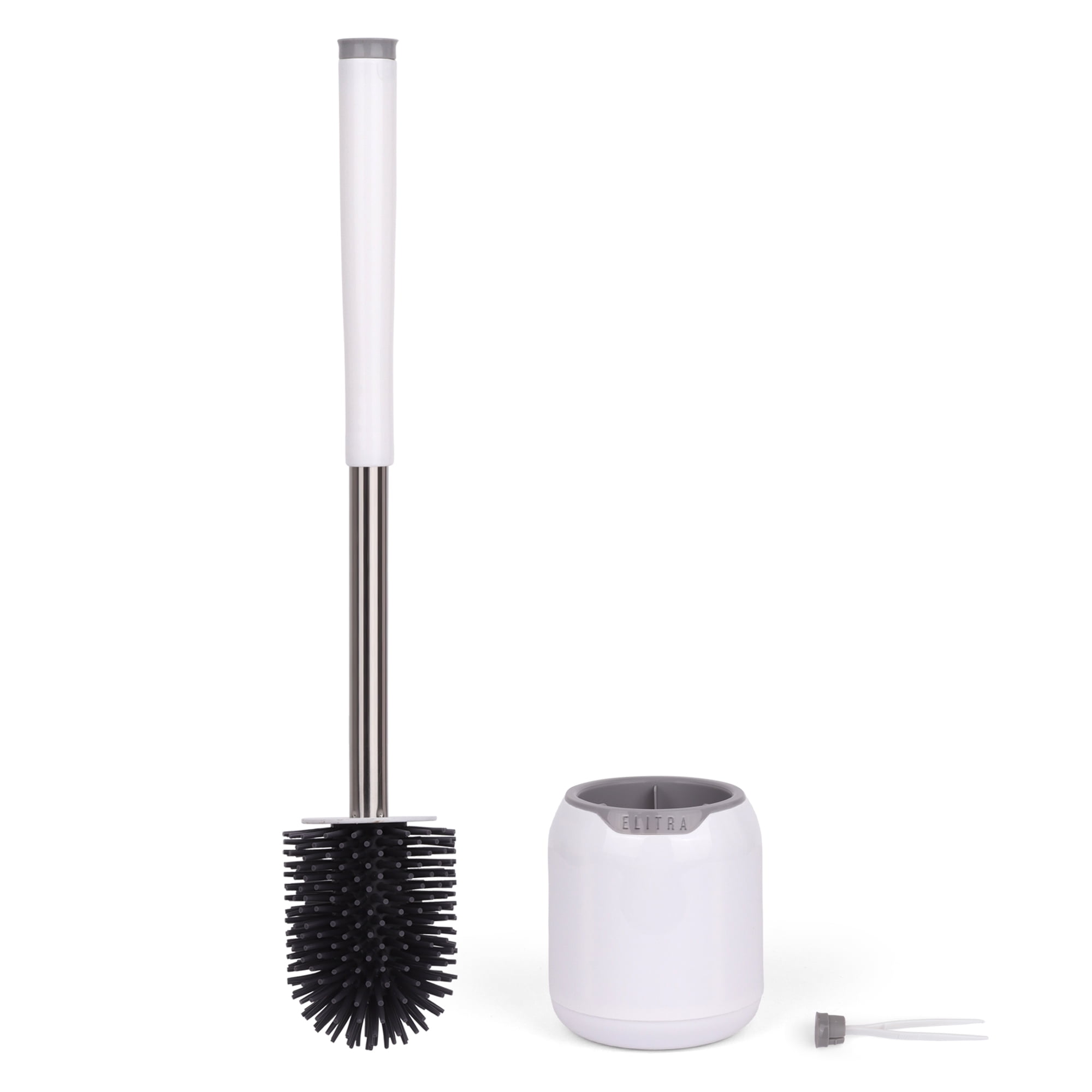 Elitra Silicone Bristles Toilet Brush And Holder Set with Tweezers, White