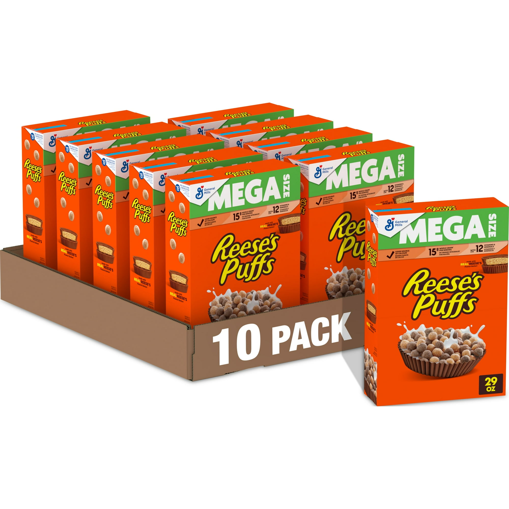 (10 pack) REESE'S PUFFS Breakfast Cereal, Chocolatey Peanut Butter Cereal, Mega Size, 29 oz