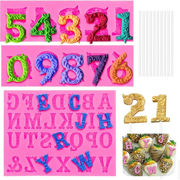 Número 0-9 y Alfabeto A-z Molde de Silicona para Fondant Número/Letra 10 Piezas Palitos de Piruleta Molde de Número de Caramelo Molde de Chocolate con Letras Herramienta de decorac