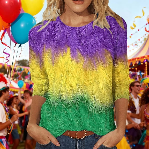 Fartey Mardi Gras Shirt Women 3/4 Sleeve Crew Neck Tunic Tops Funny Graphic Tshirts Loose Fit Casual Shirts Plus Size Carnival Party Blouses Yellow S-5XL