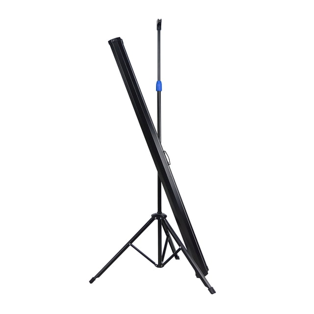 Pantalla de proyección de 100 pulgadas con trípode ajustable, ideal para cine en casa, presentaciones y eventos al aire libre, fabricada en material tejido blanco de alta calidad.