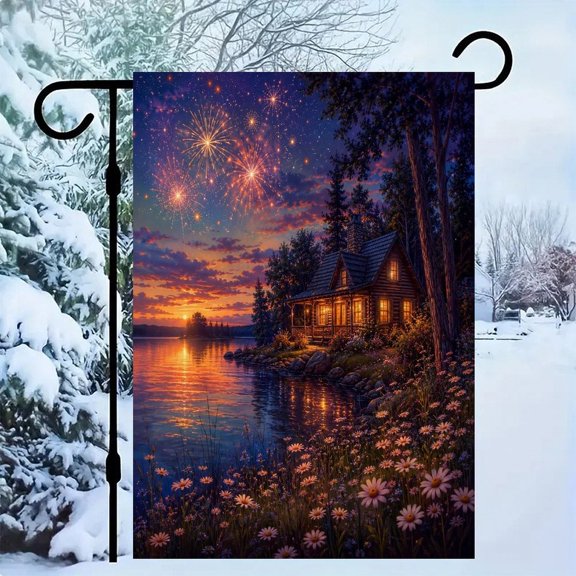 RKSupls Patriotic Linen Double Sided Garden Flag, Independence Day Themed Yard Decor, Lake Cabin Fireworks Sunset Outdoor Banner for Holiday Lawn