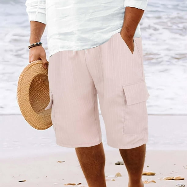 WILLBEST Pantalones Cortos de Lino de Verano para Hombre, con Bolsillos Grandes, para Playa, Deportivos, de Rayas Lisas, Ligeros y Elásticos, para Verano, Holgados y Casuales.