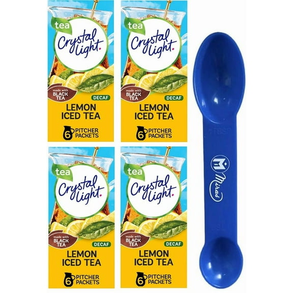 (Pack of 4) Crystal Light Decaf Lemon Iced Tea Sugar Free Drink Mix, 6 ct Pitcher Packets (2in1 Miras Trademark Measuring Spoon Included)