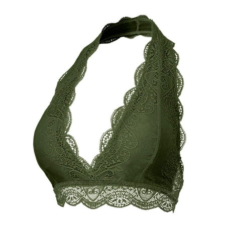 

URBAN DAIZY Women s Seamless Lace Bra Scalloped Halter Padded Crop Top Lined Bralette Plunge Comfort Pads Yoga Bustier A17_6328 Army Green 3XL