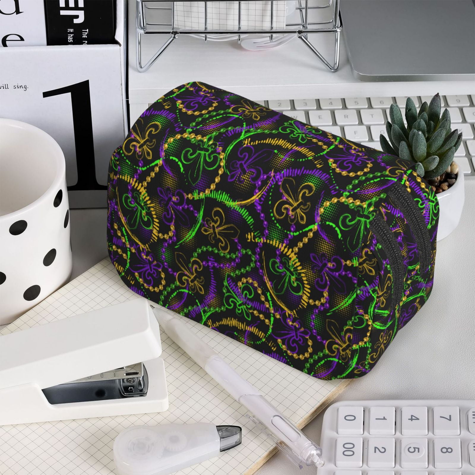 Rateoe Neon Mardi Gras Pattern Double Clamshell Pen Case, Storage Organizer with Two Zipper Compartments– Holds Up to 50 Pencils & Pens
