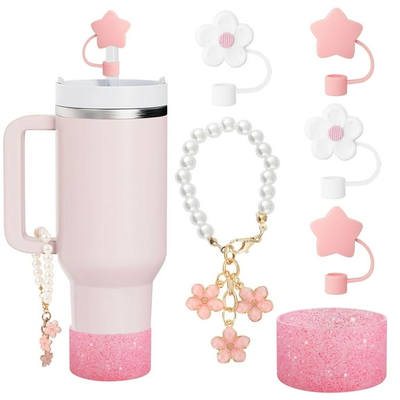 Sinekong 6pcs Compatible with Cup Straw Cover Accessories, 4 Straw Cover, 1 Sakura Pearl Hangings, 1 Silicone Boot for Water Bottle 40oz/ 30oz