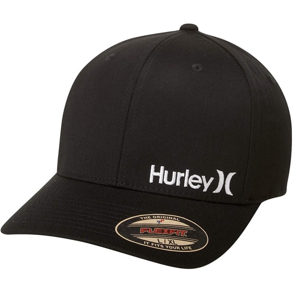Hurley Men's One & Only Corp Flexfit Perma Curve Bill Baseball Hat, Solid Black/White, L-XL