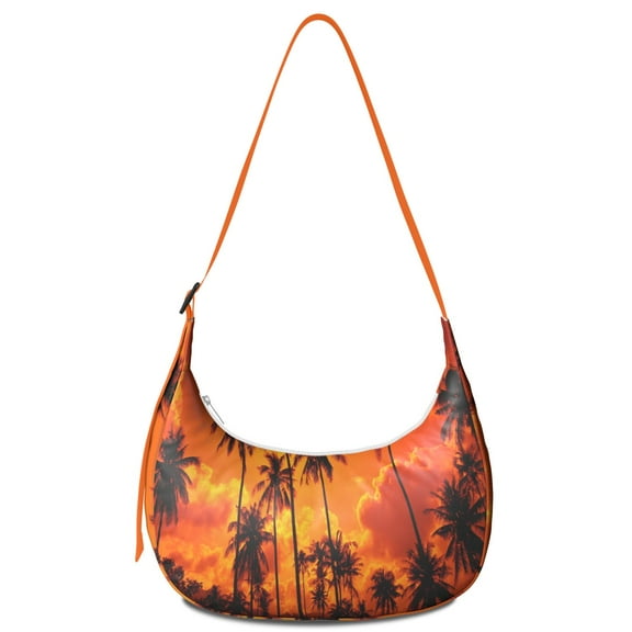 Boho Hawaii Palm Tree Crossbody Bag for Women Tropical Sunset Corduroy Shoulder Purse with Vibrant Crescent Sling Bag Ocean Paradise Style for Vacation