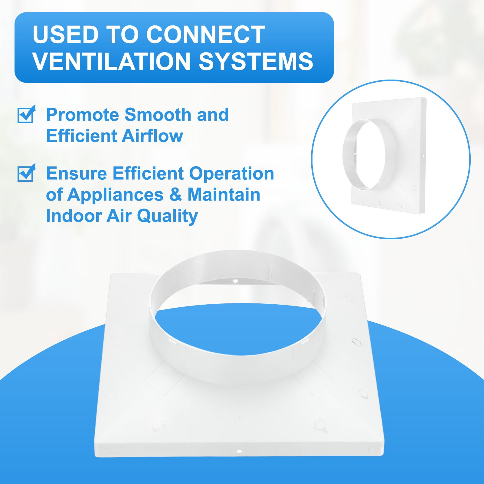 Uxcell 9" to 6" Duct Connector Flange, Plastic Square to Round Straight Dryer Vent Wall Plate for Air Heating Cooling Ventilation System HVAC Exhaust Fan, White