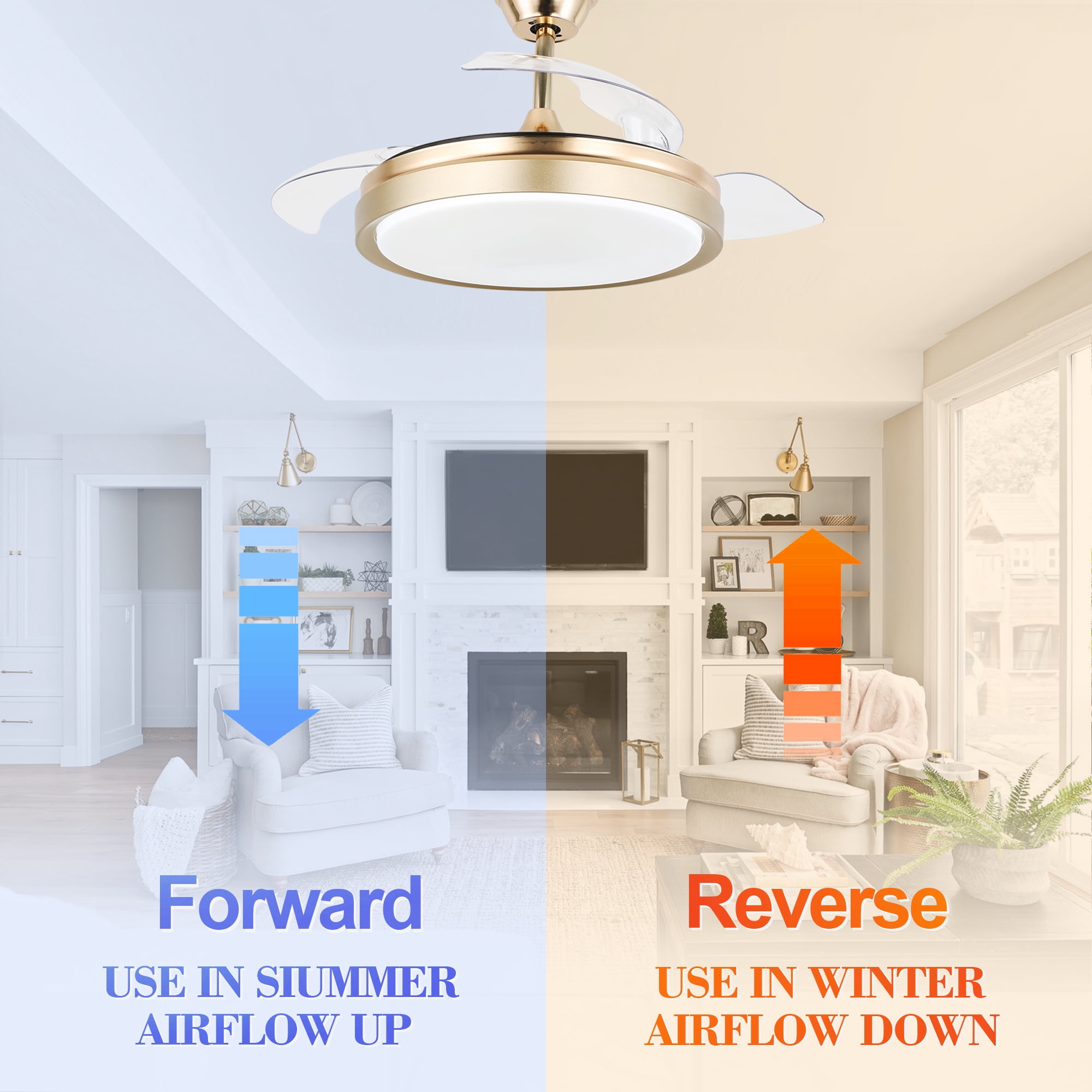 Belladepot 42" Gold Retractable Ceiling Fan Reversible With Remote Control and Light Kit 3 Blades