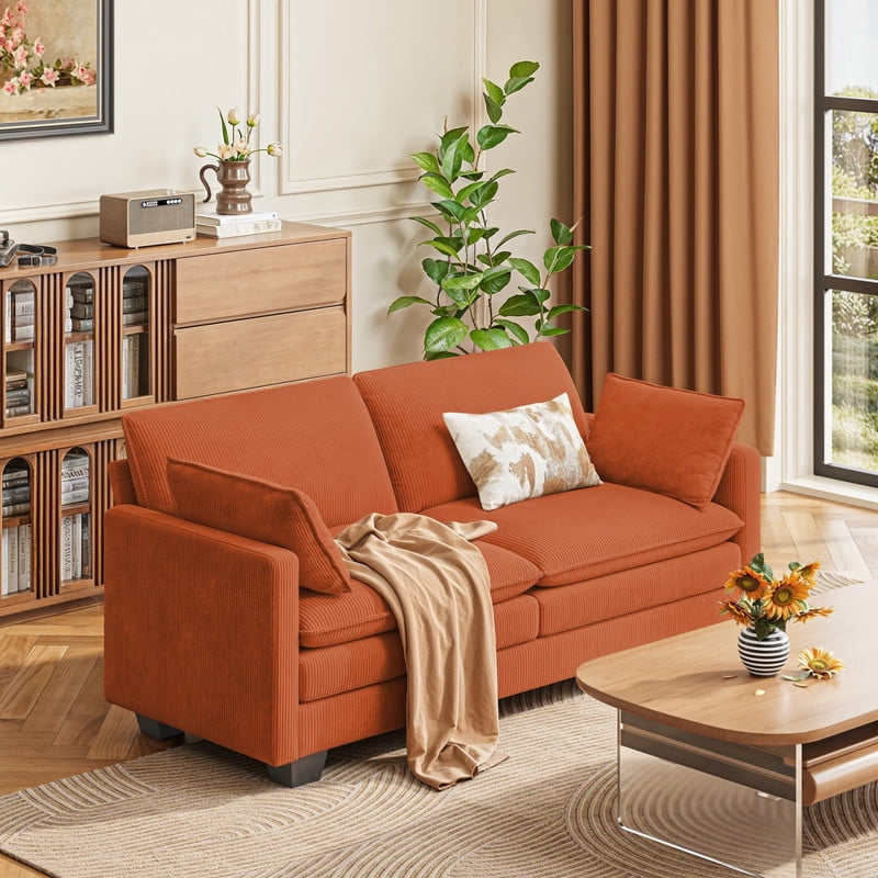 2-Seater Cloud-Like Loveseat Sofa - Double-Layer Upholstered Cushions, Pet-Friendly Corduroy Couch for Bedroom, Living Room & Apartment, Orange
