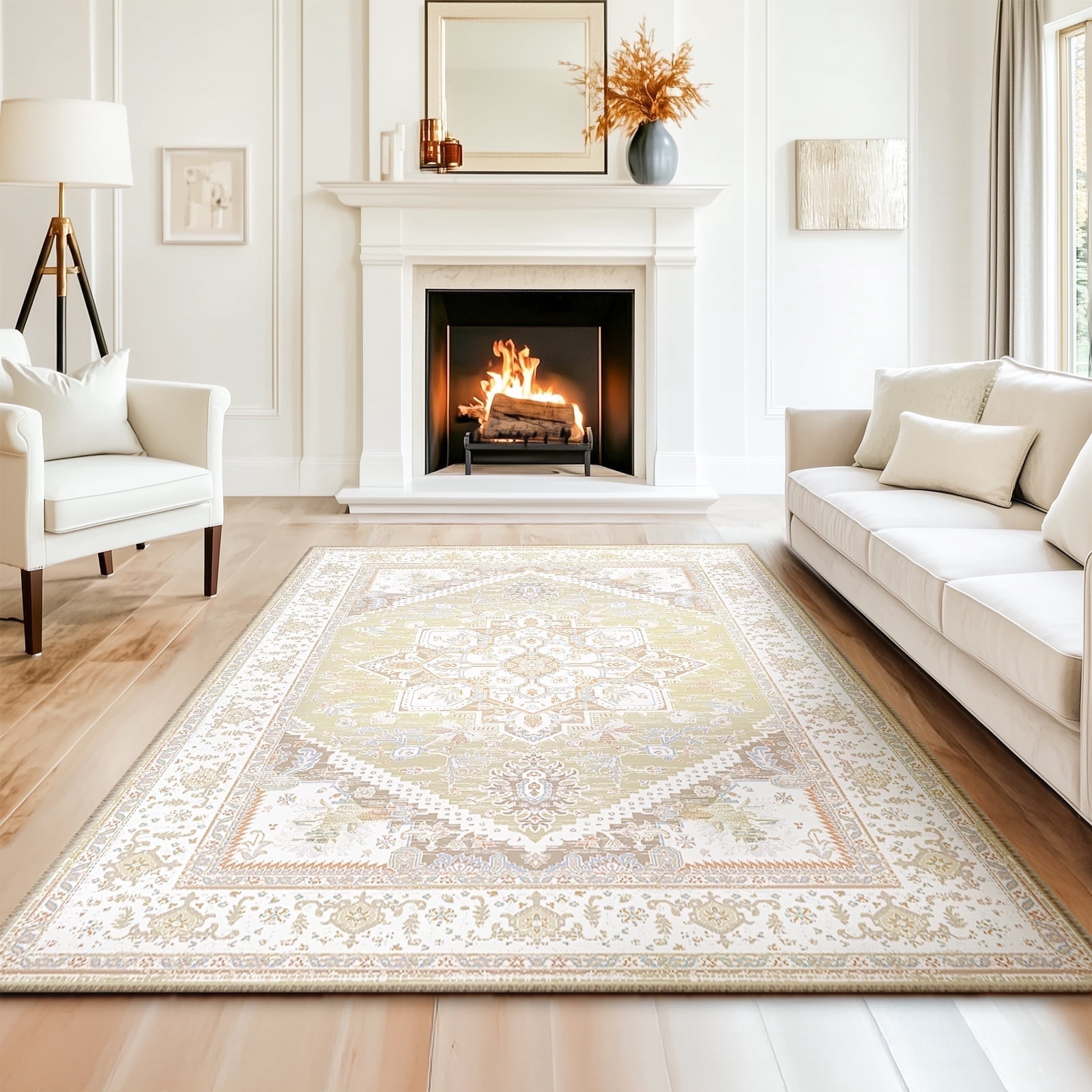 6'x9' Area Rugs, Machine Washable Non Slip Area Rug for Living Room, Soft Low Pile Vintage Print Pattern Indoor Bedroom Thin Carpet, Cream