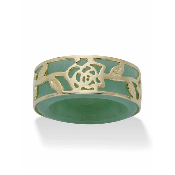 PalmBeach Jewelry Genuine Green Jade Floral Overlay Ring Band in Gold-plated Sterling Silver