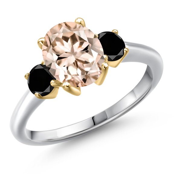 Gem Stone King 925 Silver and 10K Yellow Gold Peach Morganite and Black Diamond Engagement Ring for Women | 2.14 Cttw | Oval 9X7MM | Gemstone October Birthstone | Size 9
