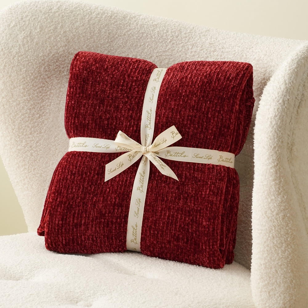 Battilo Burgundy Throw,Chenille Knit Dark Red Blanket,Christmas Decor,Housewarming Gifts,51"x67"