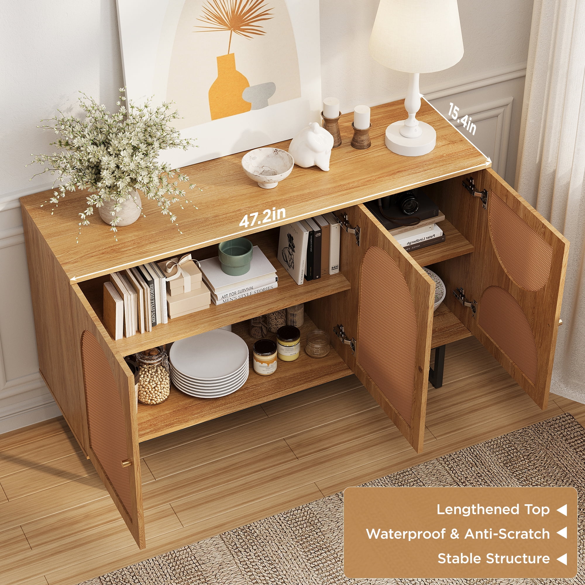 Sideboard Buffet Cabinet with 3 Rattan Doors, 47.2” Kitchen Storage Cabinet with Adjustable Shelf and Metal Legs for Dining Living Room, Hallway, Entryway, Beige