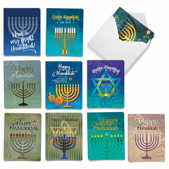 20 Chanukah Cards Assorted (10 Designs, 2 Each) - Hanukkah Lights (4" x 5.12") AM6140HKG-B2x10