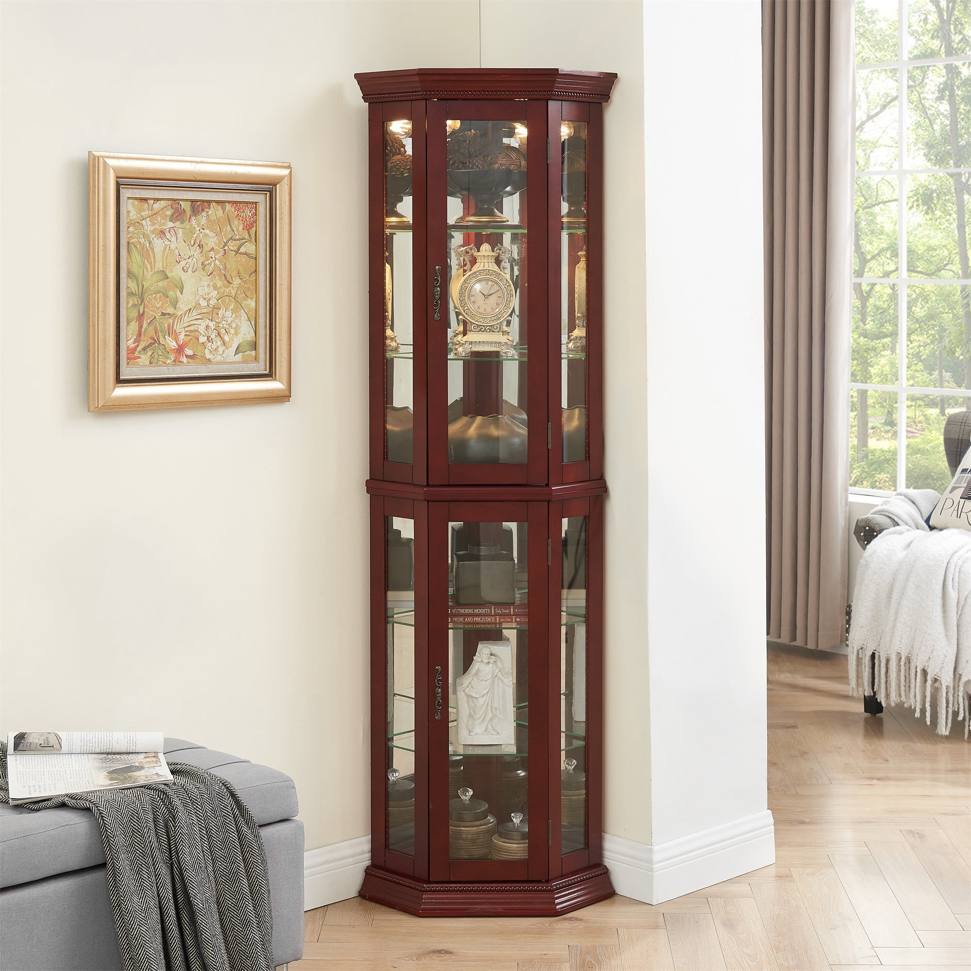 Miniyam Curio Display Cabinet with Lights, Glass Doors, Adjustable Shelves, Cherry