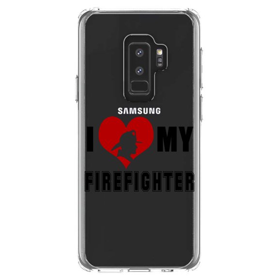 DistinctInk Clear Shockproof Hybrid Case for Samsung Galaxy S9  PLUS (6.2" Screen) - TPU Bumper Acrylic Back Tempered Glass Screen Protector - I Heart My Firefighter