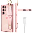 thumbnail image 5 of Stand Phone Case for Samsung Galaxy S23 Ultra, Cute Heart Pattern for Women Girls Wrist Strap Band Kickstand Holder Soft Plating Bumper Anti-Scratch Protective Cover - Pink, 5 of 12