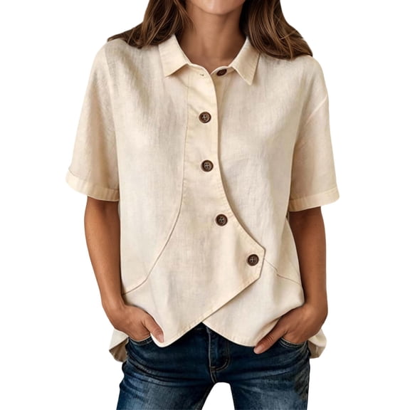 DHFJKG Women Asymmetrical Button Up Shirts Casual Solid Color Loose Fit Short Sleeve Irregular Hem Shirts Summer Comfy Tops