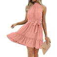 thumbnail image 4 of LYMAYTER Summer Halter Neck Mini Dress Solid Color Sleeveless Ruffled Hem Layered Short Dresses S-2XL, 4 of 9