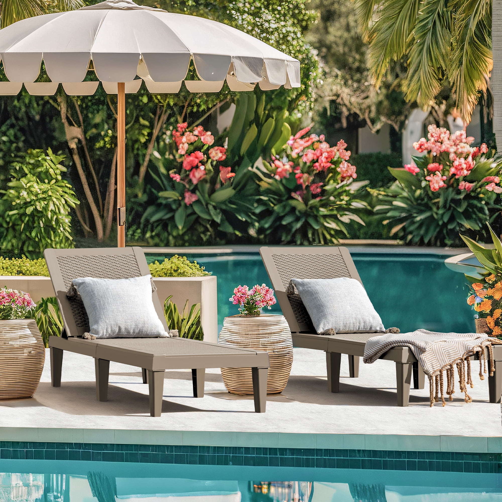 Vineego Set of 2 Patio Outdoor Chaise Lounge Chair Recliner with Adjustable Backrest, Light Taupe
