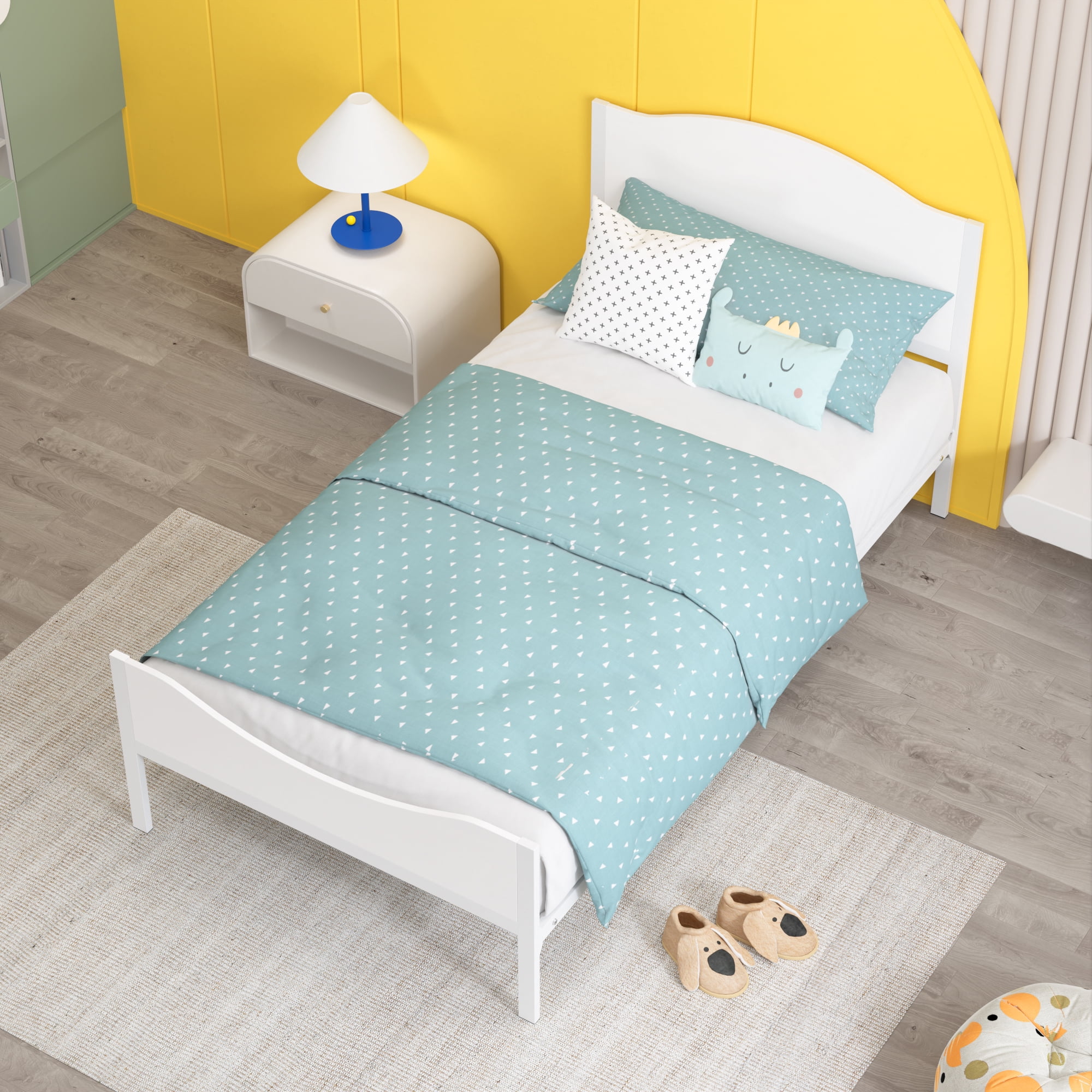 Yoneston Kids Twin Metal Platform Bed Frame with Wood Headboard for Kids and Teens, White Finish