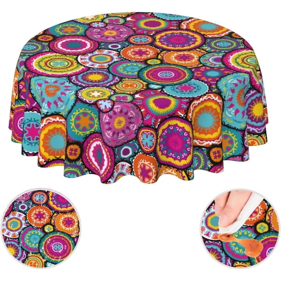 Moroccan Colorful Circles Flower Waterproof Picnic Patio Party Round Table Cloth Cover Decorations Fabric 60 Inch Circular Tablecloth for 20-47 Inch Home Dining Room Kitchen Decor