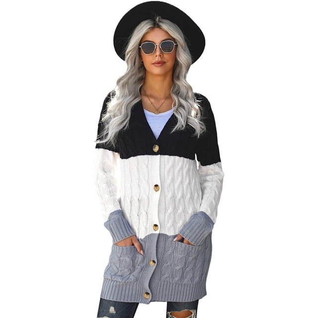 Women's Cable Knit Long Sleeve Sweater Button Open Front Cardigan Loose Outerwear with Pocket