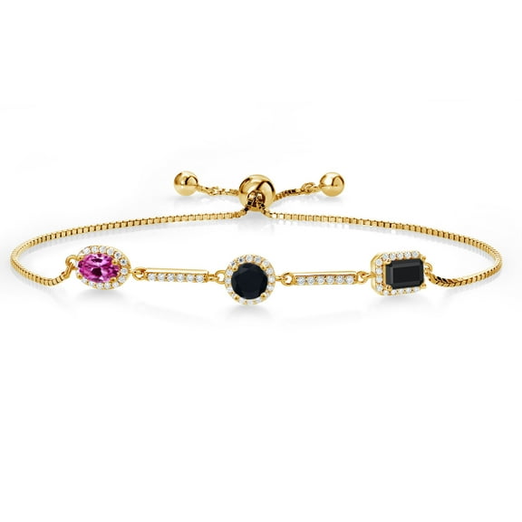 Gem Stone King 1.54 Ct Pink Created Sapphire Black Onyx 18K Yellow Gold Plated Silver Bracelet for Women