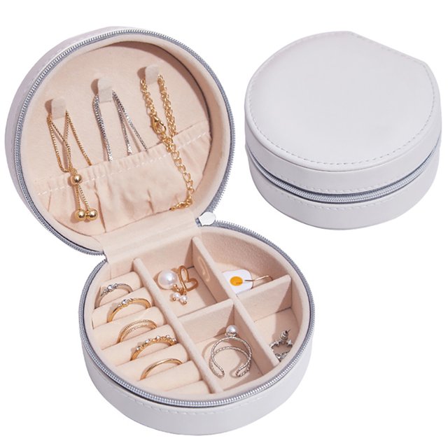 Vanity Box Faux Leather - Portable Zipper Round Necklace Organizer Jewelry Case