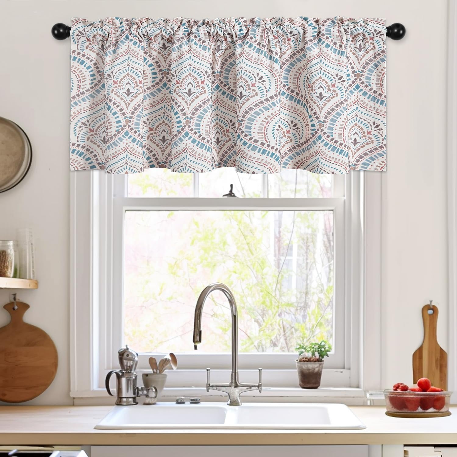 Leeva Kitchen Valance 52"x18", Light Filtering Window Curtain for Living Room, Retro Ethnic Print, Multi-Color for Small Windows, Rod Pocket