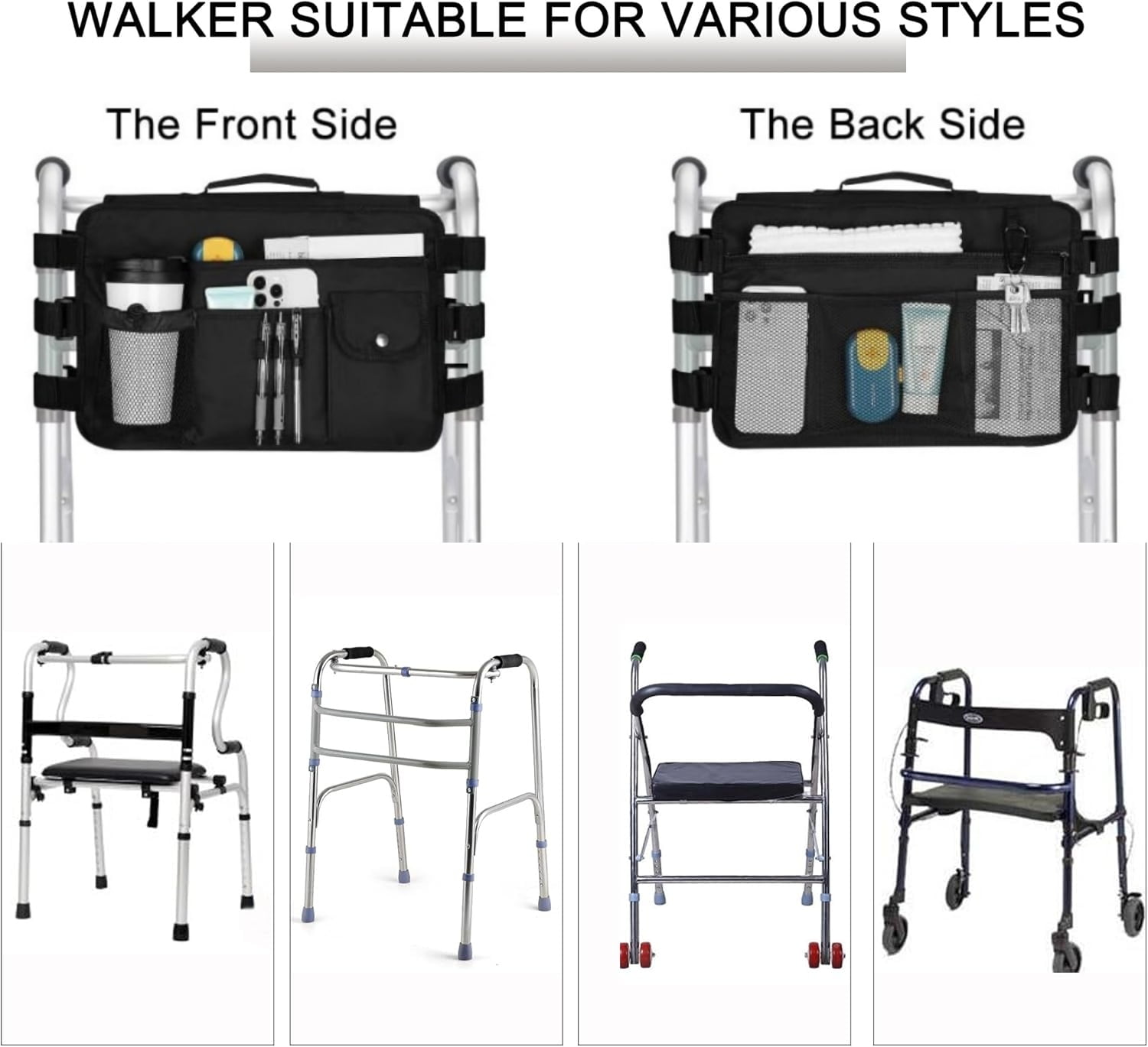 Upgraded Walker Bag for Folding Walker, Double Sided Walker Basket with Multi Pockets Cup Phone Holder Large Capacity Storage Basket for Seniors Walkers, Rollators