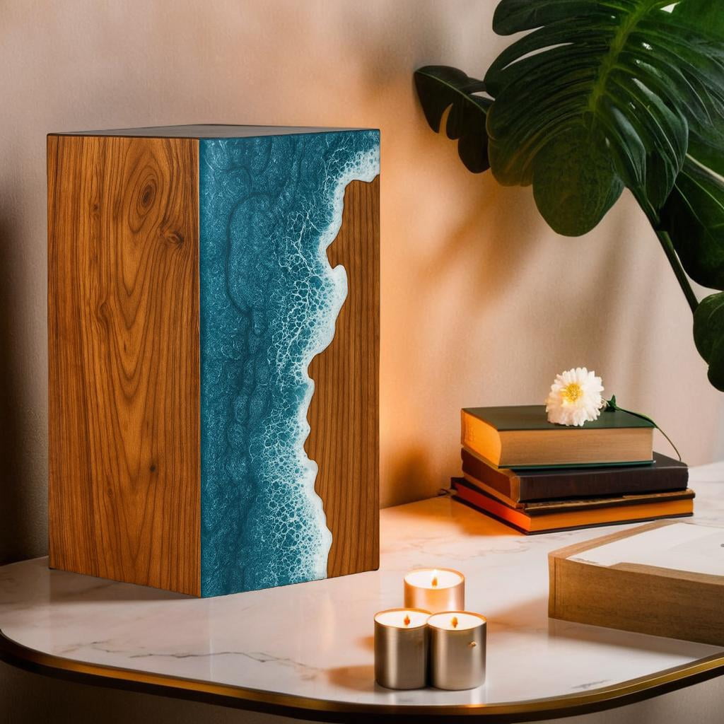 Wooden Urns for Human Ashes Adult Cremation Urns for Human Ashes Ocean Wave Design Wooden Urn Box Memorial Cremation Urn Box for Human & Pet Ashes