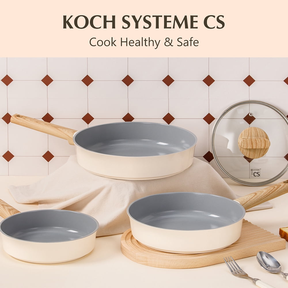 Koch Systeme CS 3 Piece Nonstick Frying Pan Set, 8, 9.5 & 11 inch‌ Cookware Set, Induction Compatible Skillet, Dishwasher Safe, Cream White