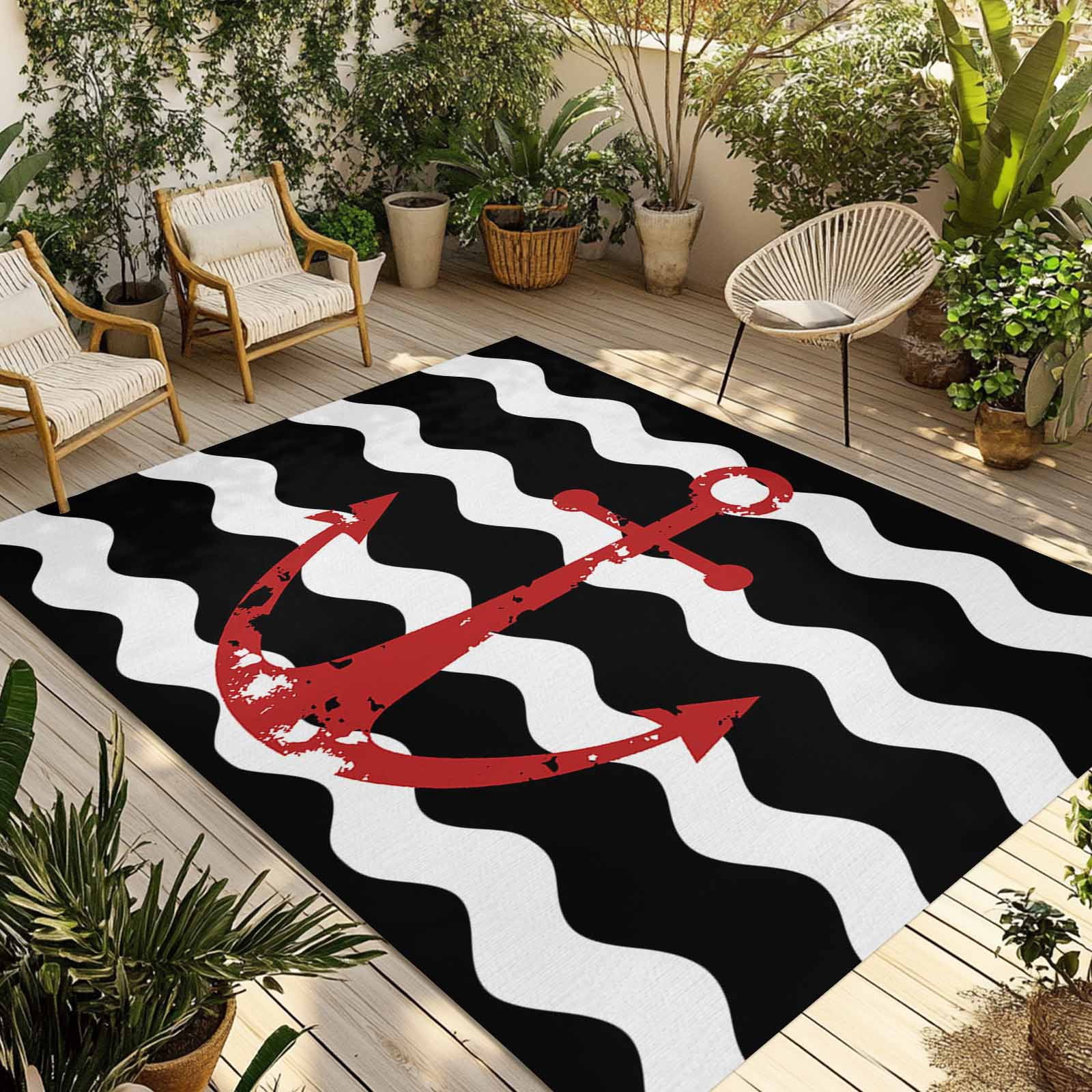 Outdoor Rug 5x8ft Nautical Anchor Large Area Rug Black and White Wave Stripes Indoor Outdoor Carpet Outdoor Rugs Mats for Patio Camping,RV,Front Door, Outside Decor