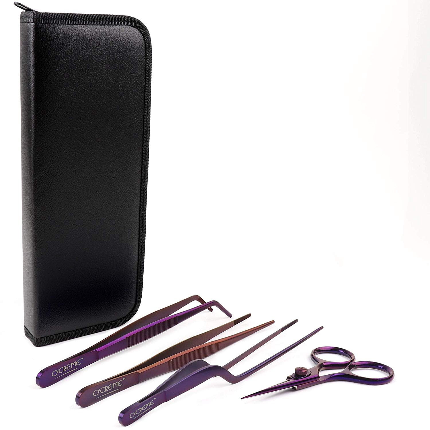 O'Creme Set of Culinary Tweezer Tongs 8 Inch Straight, 8 Inch Offset and 8 Inch Curved, Plus Super Sharp Chef Scissors, Total 4 Pieces Purple