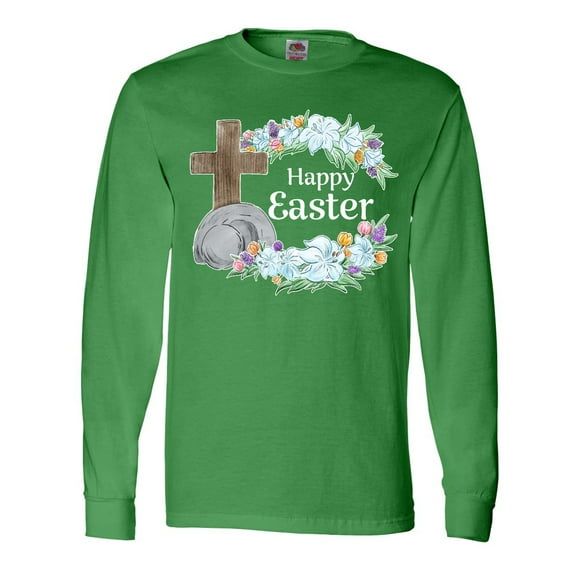 Inktastic Happy Easter with Cross and Flowers Long Sleeve T-Shirt