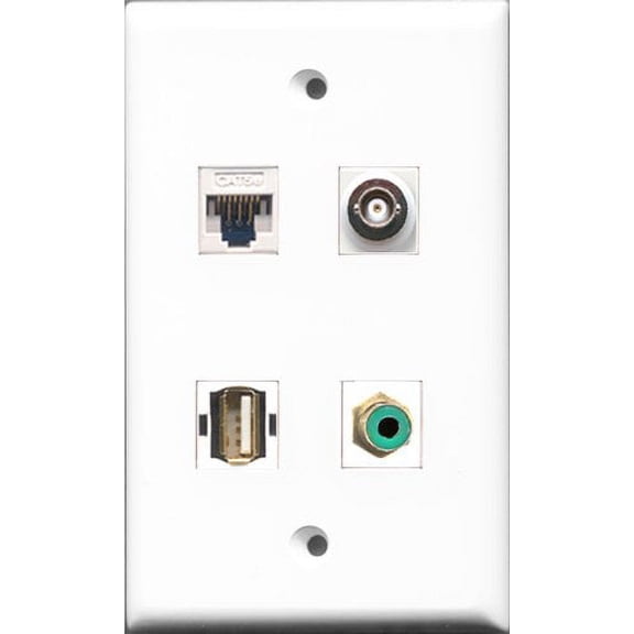RiteAV - 1 Port RCA Green and 1 Port USB A-A and 1 Port BNC and 1 Port Cat5e Ethernet White Wall Plate